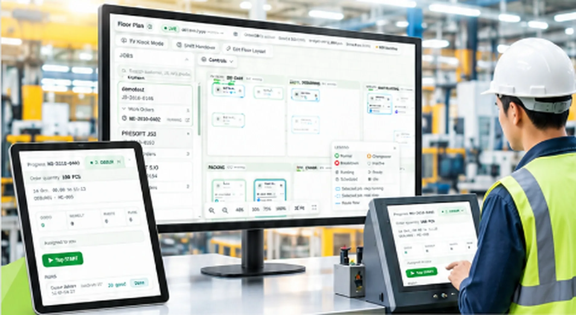 PrePPSE floor plan on a monitor, operator terminal and tablet on a factory floor